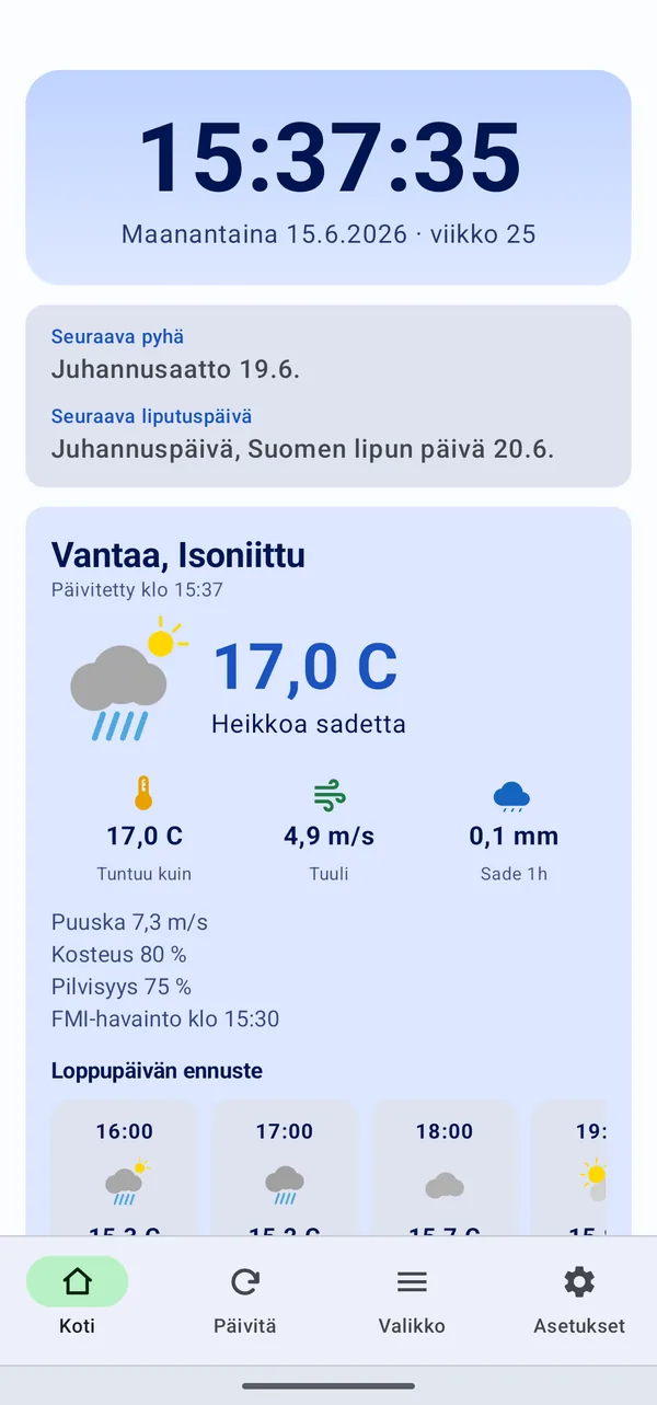 Arkikeskuksen etusivu: kello, sää ja päivän kohokohdat