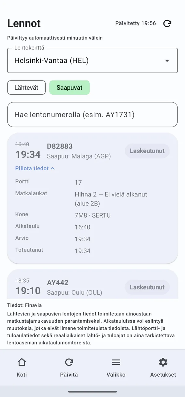 Lennot — lentokohtaiset lisätiedot: portti, matkalaukkahihna ja ajat